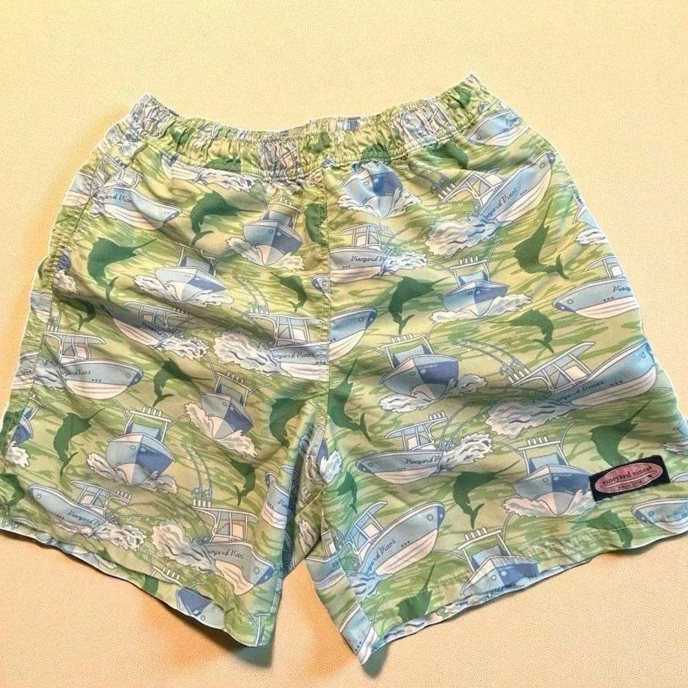 Vineyard Vines Swim Trunks Men's‎ Medium Green Boat Marlin Print Polyester